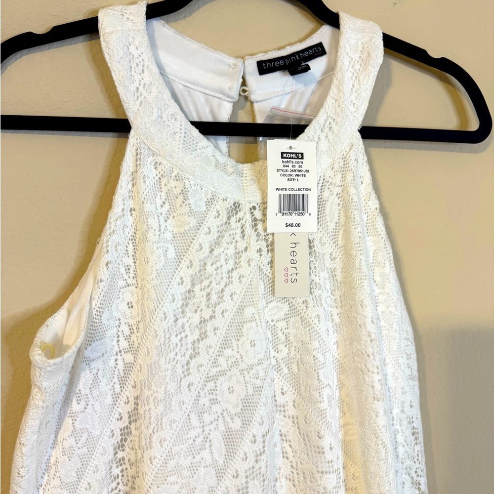Flowing Three Pink Hearts White Lace Sleeveless Fully Lined Dress NWT - Picture 2 of 7
